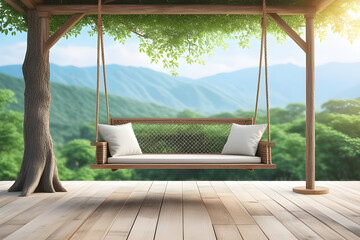 Fototapeta na wymiar Old wooden terrace with wicker swing hang on the tree with blurry nature background 3d render.