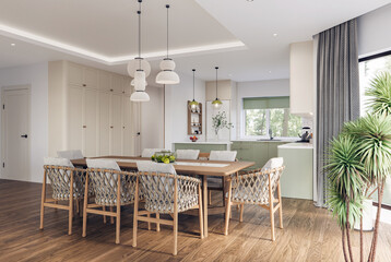 Open space living room and kitchen interior with large windows, TV wall, gray sofa, dining table and hardwood flooring. Modern design solution, 3d rendering
