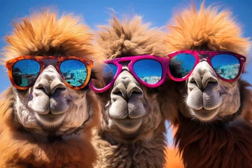 Deurstickers Three camels face wearing sunglasses, Camel wearing sunglasses against blue sky with clouds. 3d rendering. Ai generated © Tanu