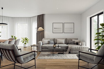 Open space living room and kitchen interior with large windows, TV wall, gray sofa, dining table and hardwood flooring. Modern design solution, 3d rendering
