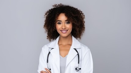 Approachable authority: An Afro American woman in a white medical coat smiles, radiating professionalism and warmth on a gray backdrop.