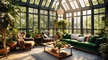 A sun-drenched conservatory with floor-to-ceiling windows and indoor greenery - obrazy, fototapety, plakaty
