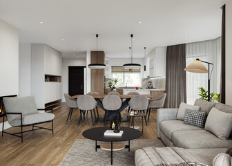 Open space living room and kitchen interior with large windows, TV wall, gray sofa, dining table and hardwood flooring. Modern design solution, 3d rendering
