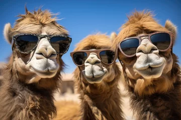 Fototapete Three camels face wearing sunglasses, Camel wearing sunglasses against blue sky with clouds. 3d rendering. Ai generated © Tanu