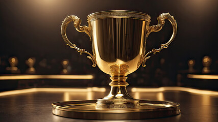 A golden cup on a beautiful winning dark background, the theme of winning the competition and taking first place
