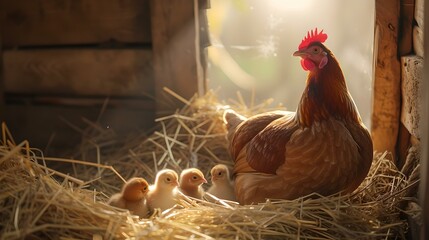 A hen with chicks nesting in straw, warm rustic barn scene. cozy rural life captured in golden hour light. farm animals and motherhood. AI