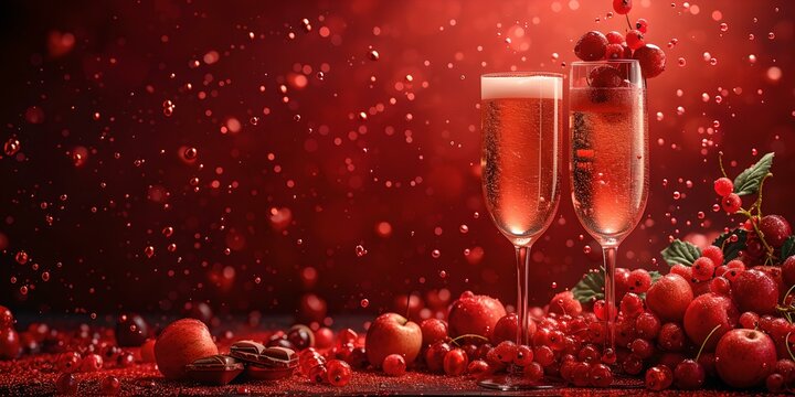 Two glasses of sparkling champagne amidst red berries, festive celebration concept, romantic toast, elegant drink style. AI