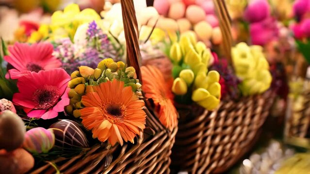 Rows of wicker baskets brimming with vibrant Easter flowers and eggs, creating an ambiance of springtime festivity.
