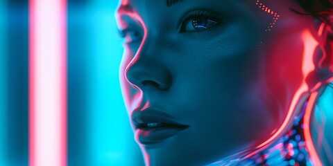 Futuristic portrait of a woman with neon lights. cyberpunk aesthetic. conceptual photography for modern projects. vibrant colors, close-up shot. AI