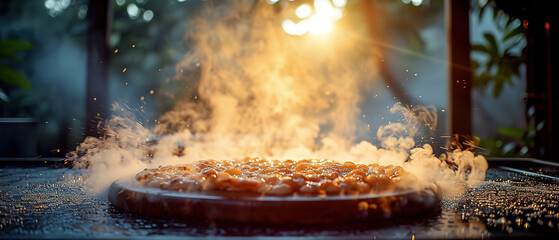 flames are coming out of a pizza on a grill with a sun shining through the window