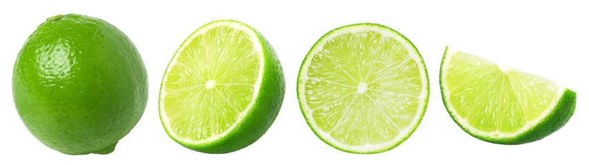 Natural fresh lime, half and slice isolated, transparent PNG, PNG format, cut out