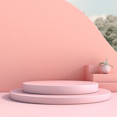 empty podium for product, pink geometric shapes, 3d rendering, panoramic mockup, generative ai, 