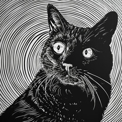 Enigmatic Cat with Spirals: A Woodcut Horror
