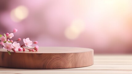 empty wooden podium blurred pink flowers decoration on white background with space.beauty cosmetic and romantic valentines or mother,birthday woman love gift product pedestal platform stand display., 
