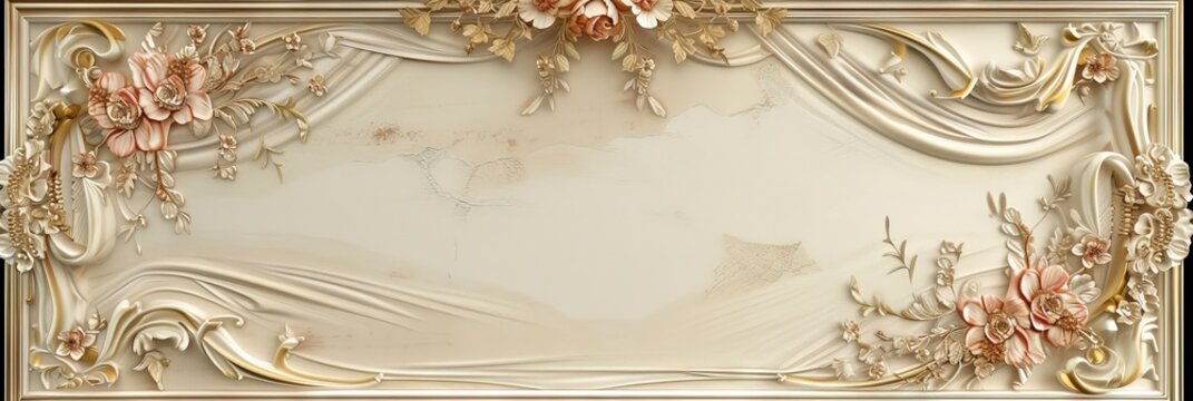 Abstract ornamental vintage aesthetics marble framed wall hanging, in the style of intricate frescoes ceiling design. Luxurious baroque style patchwork patterns. Decorative borders with gold.