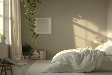 Fototapeta na wymiar Modern white and clean bedroom, Minimal style, Green plant in white room, Interior design, Scandinavian design, wooden furniture