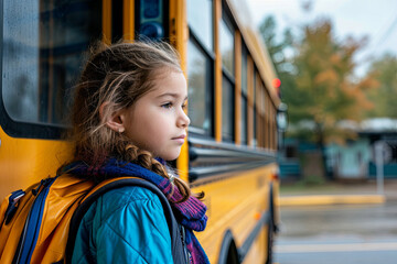 A young child ready to board a school bus to go to elementary school