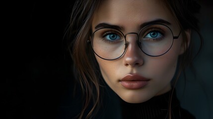 Fototapeta na wymiar Portrait of a young woman with glasses emerging from shadows. simple, elegant, and perfect for diverse media use. expressive and captivating. AI