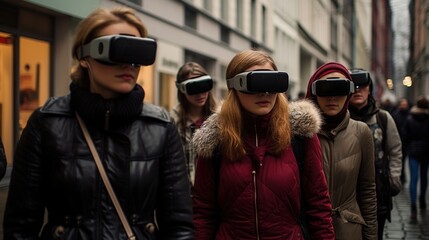 A surreal sight unfolds as people, immersed in virtual reality, wander through city streets with VR goggles, disconnected from the present.