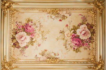 Obraz premium Abstract ornamental vintage aesthetics marble framed wall hanging, in the style of intricate frescoes ceiling design. Luxurious baroque style patchwork patterns. Decorative borders with gold.