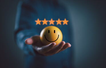 Hand showing happy smile relax face , good feedback rating, think positive, customer review,...