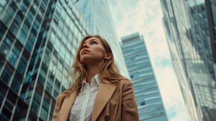 Fototapeta premium An image of elegance amidst the urban chaos: a Scandinavian woman, her demeanor a reflection of quiet strength against the city's skyscrapers.