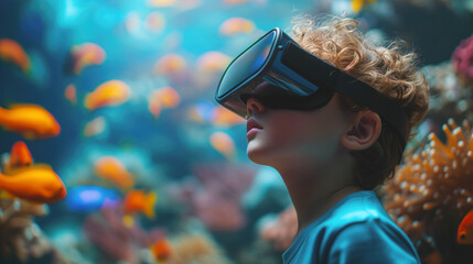 School child wearing virtual reality glasses is studying biology against the background of a flock of tropical colourful fishes in his glasses. Concept of the virtual reality in school education