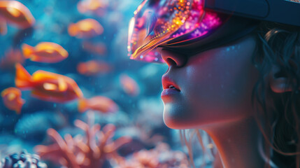 School child wearing virtual reality glasses is studying biology against the background of a flock of tropical colourful fishes in his glasses. Concept of the virtual reality in school education