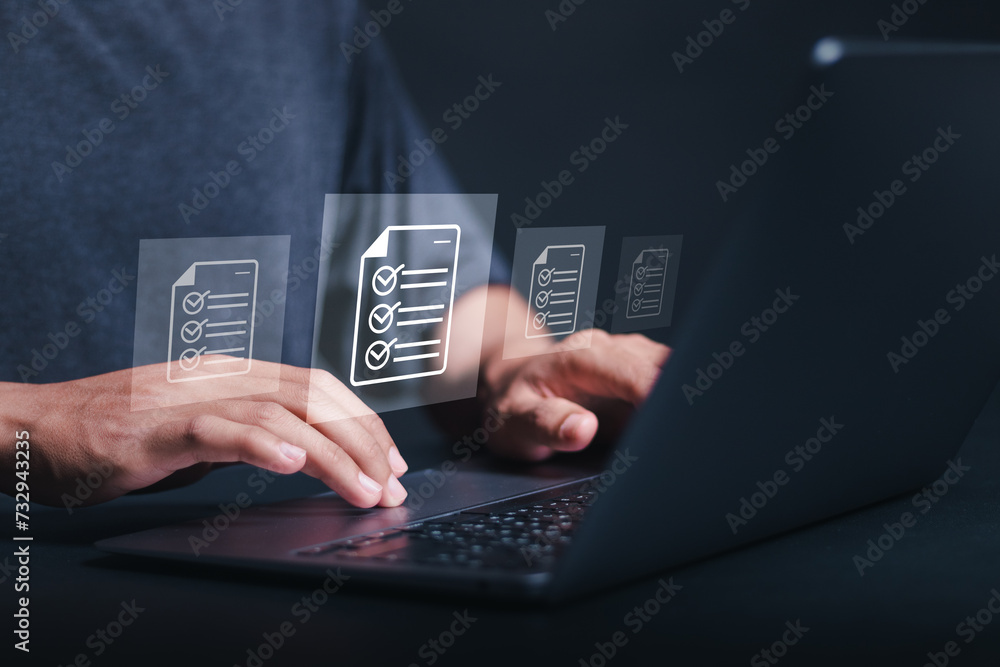 Poster compliance rules and law regulation policy concept. businessman using laptop with documents with che