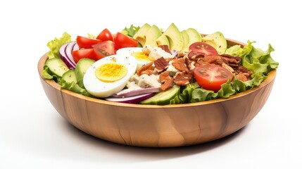 Salad with meat, eggs and vegetables in wooden bowl on white background