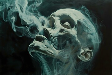 Eerie smoke skull art in dark setting. mysterious, moody, perfect for halloween. could adorn gothic themes. ideal for creative projects. AI