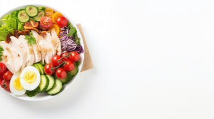 Healthy salad with chicken and vegetables isolated on white background. Top view.