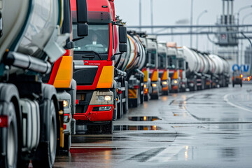 A line of fuel trucks being loaded or unloaded - obrazy, fototapety, plakaty