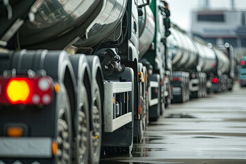 A line of fuel trucks being loaded or unloaded