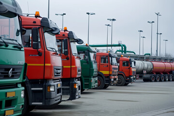 A line of fuel trucks being loaded or unloaded