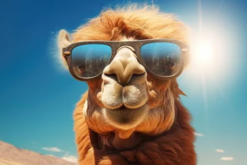 Fotobehang Smart looking Camel face wearing sunglasses, Camel wearing sunglasses against blue sky with clouds. 3d rendering. Ai generated © Tanu
