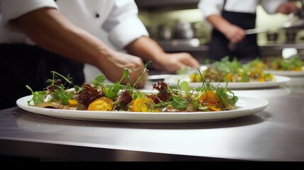 Chef in hotel kitchen prepare and decorate food with vegetable salad