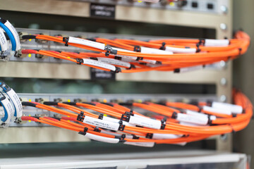 Fiber Optic cables connected to an optic ports in a data center