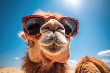Papier Peint photo Lama Smart looking Camel face wearing sunglasses, Camel wearing sunglasses against blue sky with clouds. 3d rendering. Ai generated