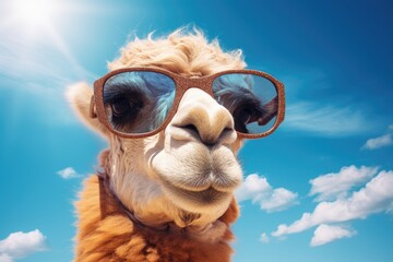 Smart looking Camel face wearing sunglasses, Camel wearing sunglasses against blue sky with clouds. 3d rendering. Ai generated