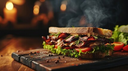 Sandwich with meat and vegetables on a wooden table. With smoke.