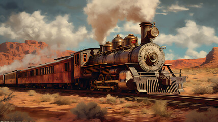 Fototapeta na wymiar Frontier Journey: Digital Artwork Embracing the Spirit of the Wild West, Featuring a Majestic Train Against Untamed Landscapes
