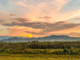 Naklejka na ściany i meble Sunset beautiful landscape mountains and lake of Kathun reservoir,located in Phipun District, Nakhon Sri Thammarat