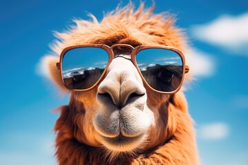 Smart looking Camel face wearing sunglasses, Camel wearing sunglasses against blue sky with clouds. 3d rendering. Ai generated