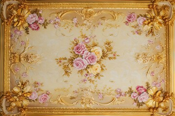 Obraz premium Abstract ornamental vintage aesthetics marble framed wall hanging, in the style of intricate frescoes ceiling design. Luxurious baroque style patchwork patterns. Decorative borders with gold.