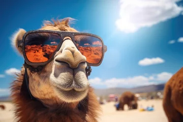 Selbstklebende Fototapeten Smart looking Camel face wearing sunglasses, Camel wearing sunglasses against blue sky with clouds. 3d rendering. Ai generated © Tanu