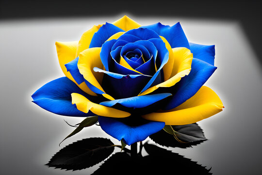 Black and white photograph, rose in center frame, stark contrast, yellow and blue petals standout with selective color technique, positioned atop an empty reflective surface. Generative AI