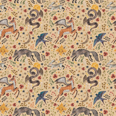 Dark fairy tale, animals hare, wolf, dragon, deer. Stars, night. Seamless pattern. watercolor illustration