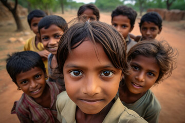 A group of rural Indian kids make a selfie outside, childish spontaneity