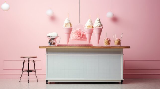 Ice cream bar in pink room with pink wall and chairs. 3d rendering